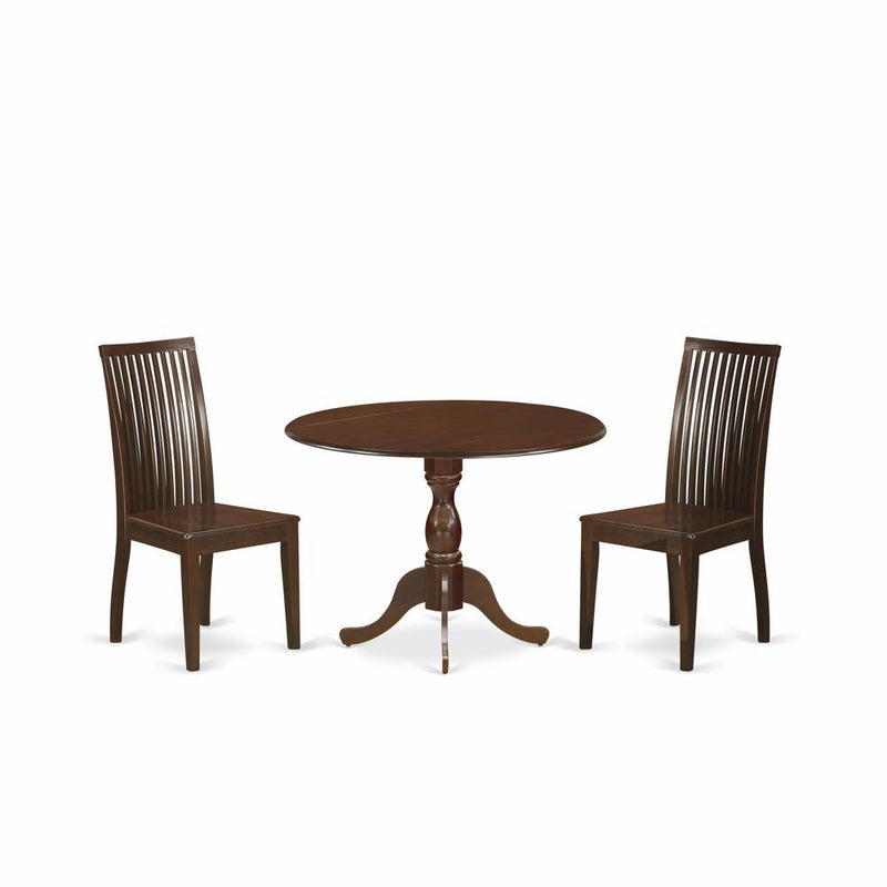 East West Furniture DMIP3-MAH-W 3 Piece Dropleaf Dining Table Set - Mahogany Wood Table and 2 Mahogany Kitchen Table Chairs with Slatted Back - Mahogany Finish