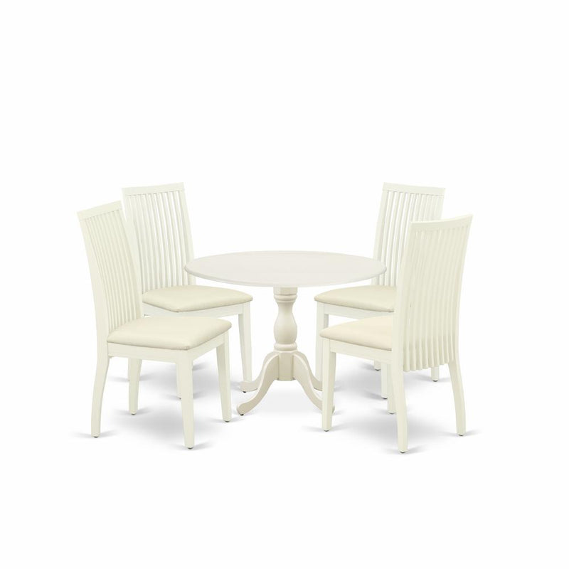 East West Furniture DMIP5-LWH-C 5 Piece Dining Room Set Contains 1 Drop Leaves Dining Table and 4 Linen White Mid Century Chair with Slatted Back - Linen White Finish