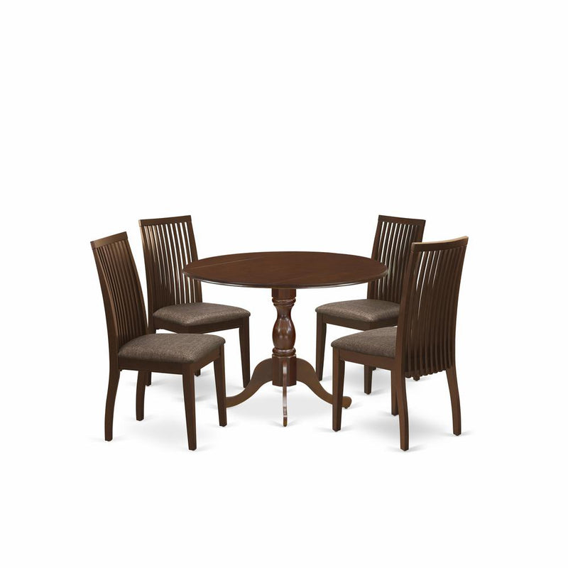 East West Furniture DMIP5-MAH-C 5 Piece Table And Chairs Dining Set - Dining Room Table and 4 Mahogany Linen Fabric Dining Room Chairs - Mahogany Finish