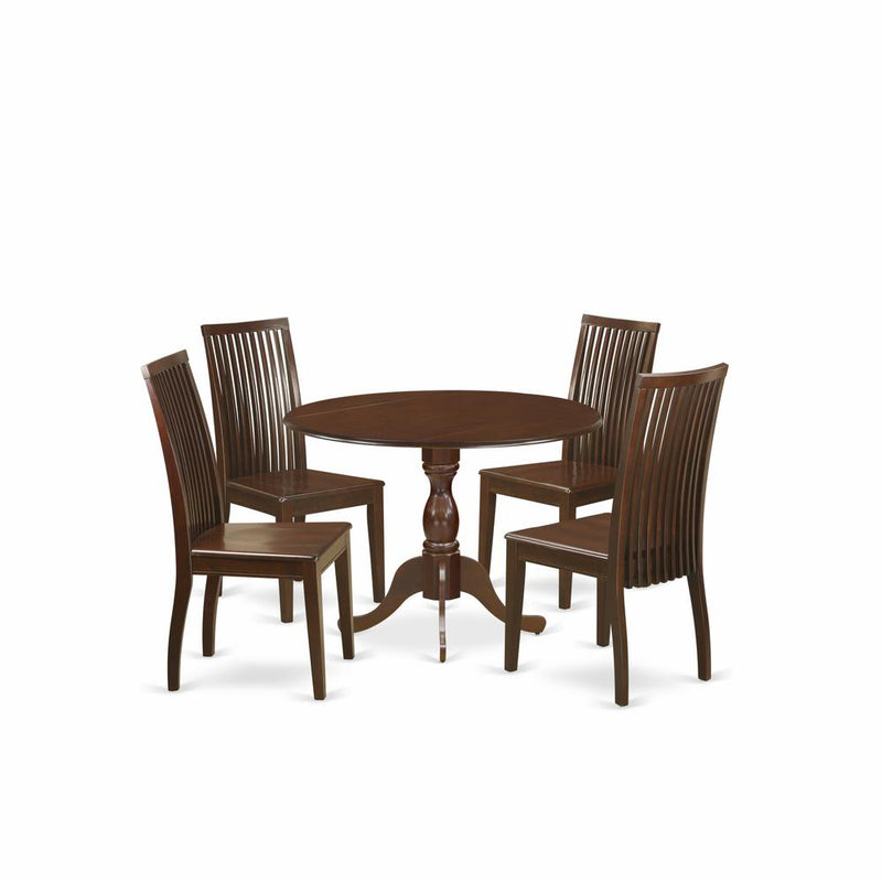 East West Furniture DMIP5-MAH-W 5 Piece Dining Room Table Set - Mahogany Dropleaf Dinner Table and 4 Mahogany Dining Chairs with Slatted Back - Mahogany Finish