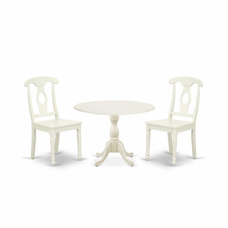 East West Furniture DMKE3-LWH-W 3 Piece Dinette Set Contains 1 Drop Leaves Wooden Dining Table and 2 Linen White Mid Century Dining Chairs with Napoleon Back - Linen White Finish