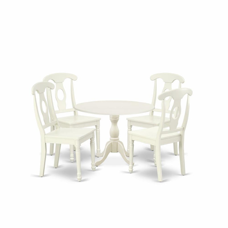 East West Furniture DMKE5-LWH-W 5 Piece Dining Set Consists of 1 Drop Leaves Dining Room Table and 4 Linen White Dining Room Chairs with Napoleon Back - Linen White Finish