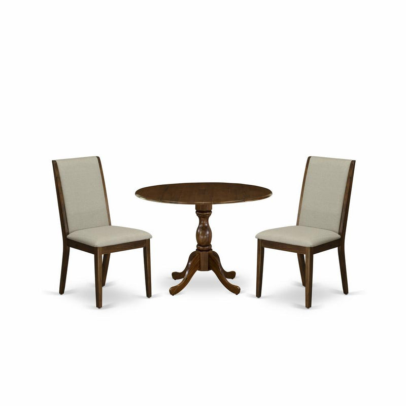 East West Furniture DMLA3-AWA-05 3 Piece Modern Dining Table Set Contains 1 Drop Leaves Dining Room Table and 2 Grey Linen Fabric Upholstered Chair with High Back - Acacia Walnut Finish