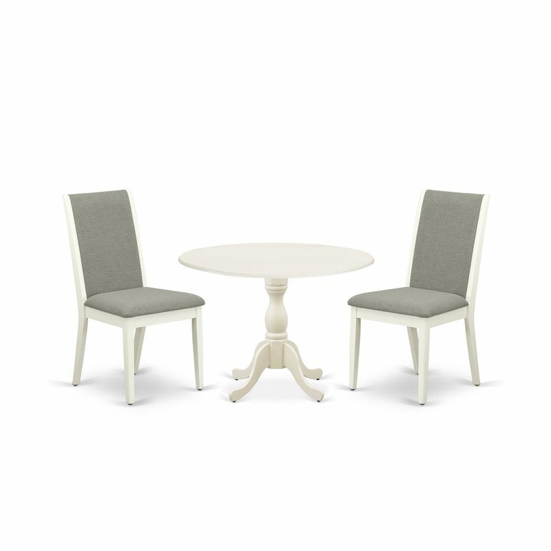 East West Furniture DMLA3-LWH-06 3 Piece Wooden Dining Table Set Includes 1 Drop Leaves Dining Table and 2 Shitake Linen Fabric Upholstered Dining Chair with High Back - Linen White Finish