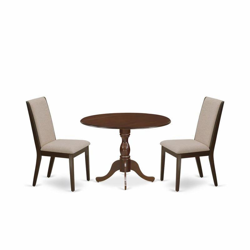 East West Furniture DMLA3-MAH-04 3 Piece Dining Set - Mahogany Breakfast Table and 2 Light Tan Linen Fabric Mid Century Dining Chairs with High Back - Mahogany Finish