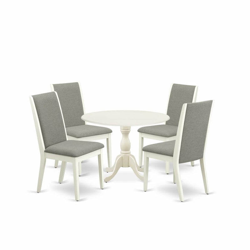 East West Furniture DMLA5-LWH-06 5 Piece Dining Table Set Consists of 1 Drop Leaves Dining Table and 4 Shitake Linen Fabric Dining Room Chairs with High Back - Linen White Finish