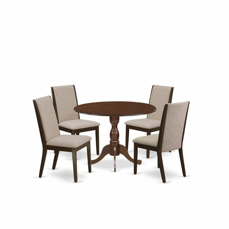 East West Furniture DMLA5-MAH-04 5 Piece Dining Table Set - Mahogany Wood Table and 4 Light Tan Linen Fabric Upholstered Dining Chairs with High Back - Mahogany Finish