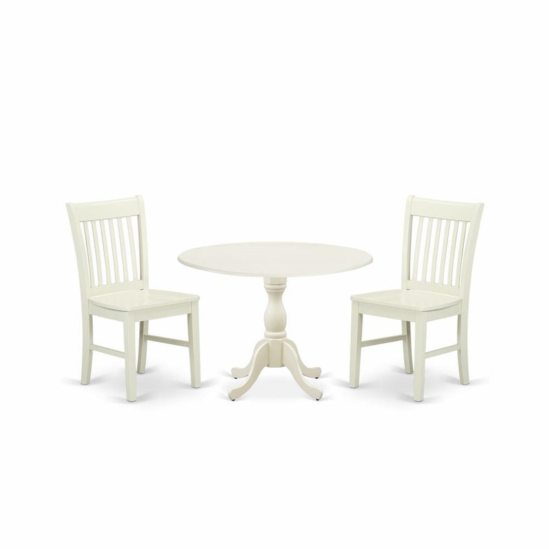 East West Furniture DMNF3-LWH-W 3 Piece Dining Table Set Consists of 1 Drop Leaves Dining Room Table and 2 Linen White Mid Century Chair with Slatted Back - Linen White Finish