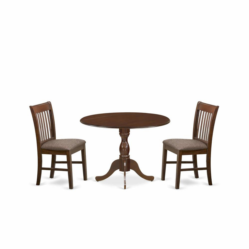 East West Furniture DMNF3-MAH-C 3 Piece Kitchen Table Set - Mahogany Dinning Table and 2 Mahogany Linen Fabric Kitchen Chairs with Slatted Back - Mahogany Finish