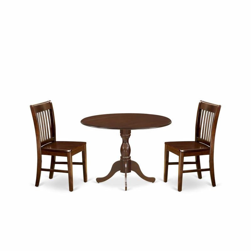 East West Furniture DMNF3-MAH-W 3 Pc Kitchen Dining Table Set - Mahogany Dropleaf Dining Table and 2 Mahogany Kitchen Chairs with Slatted Back - Mahogany Finish