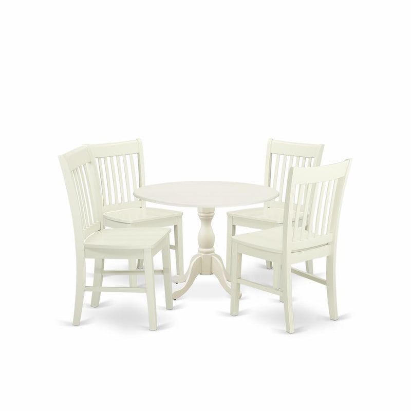 East West Furniture DMNF5-LWH-W 5 Piece Dinette Sets Includes 1 Drop Leaves Modern Kitchen Table and 4 Linen White Mid Century Dining Chairs with Slatted Back - Linen White Finish