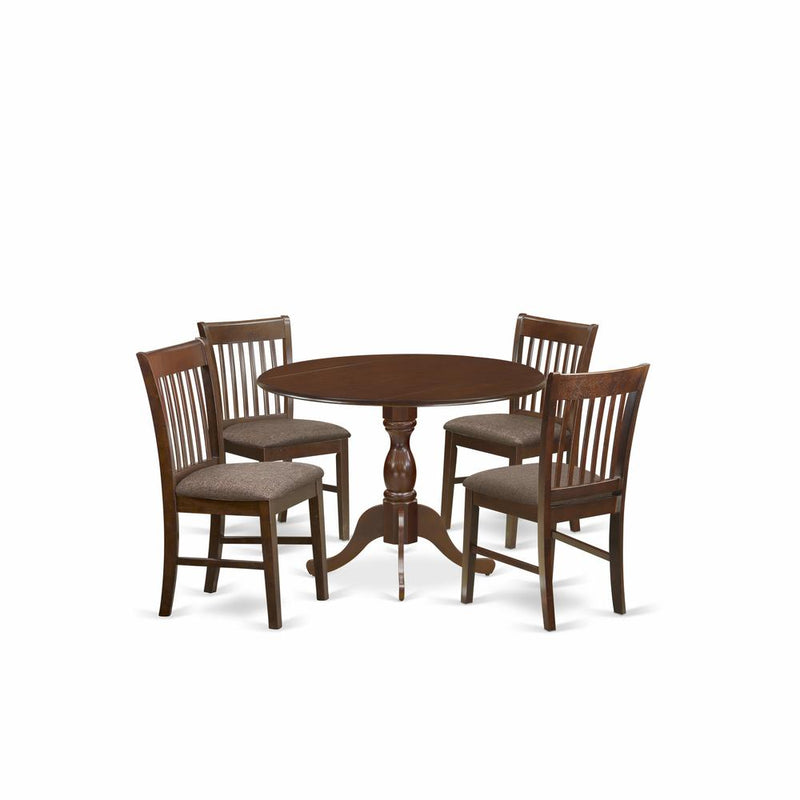 East West Furniture DMNF5-MAH-C 5 Piece Dining Room Table Set - Mahogany Modern Dining Table with 4 Mahogany Linen Fabric Kitchen Chairs with Slatted Back - Mahogany Finish