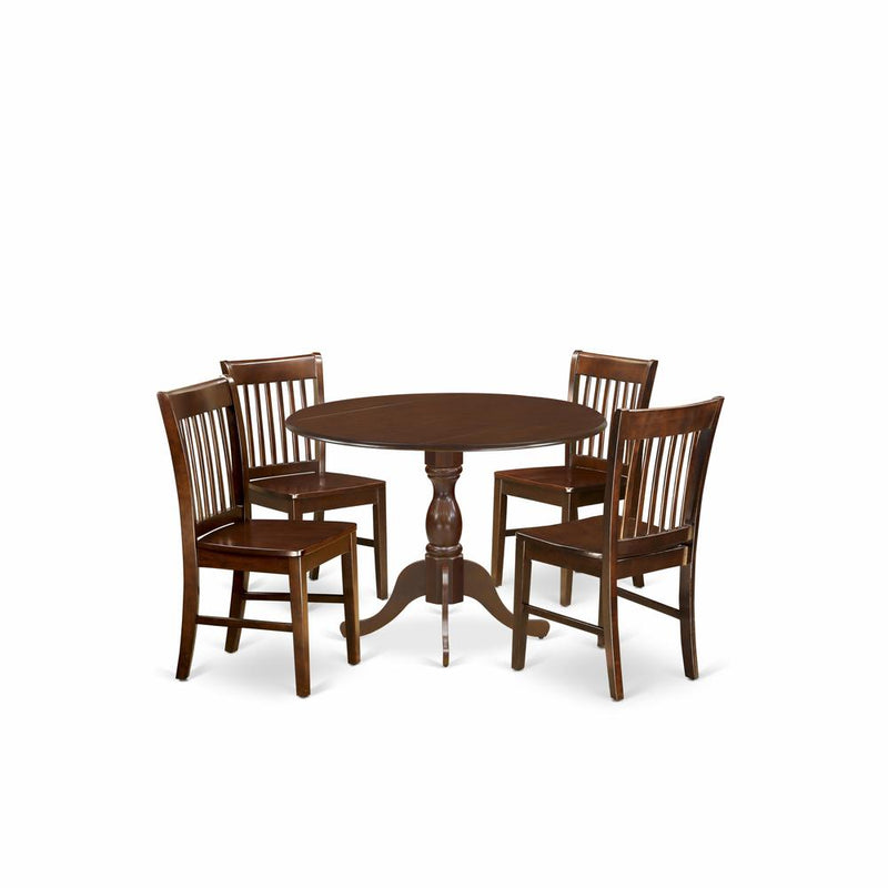 East West Furniture DMNF5-MAH-W 5 Pc Dining Room Table Set - Mahogany Dropleaf Dining Table and 4 Mahogany Dining Chairs with Slatted Back - Mahogany Finish