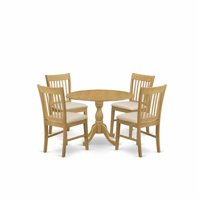 East West Furniture DMNF5-OAK-C 5 Piece Dining Room Table Set - Oak Modern Dining Table and 4 Oak Linen Fabric Dining Room Chairs with Slatted Back - Oak Finish