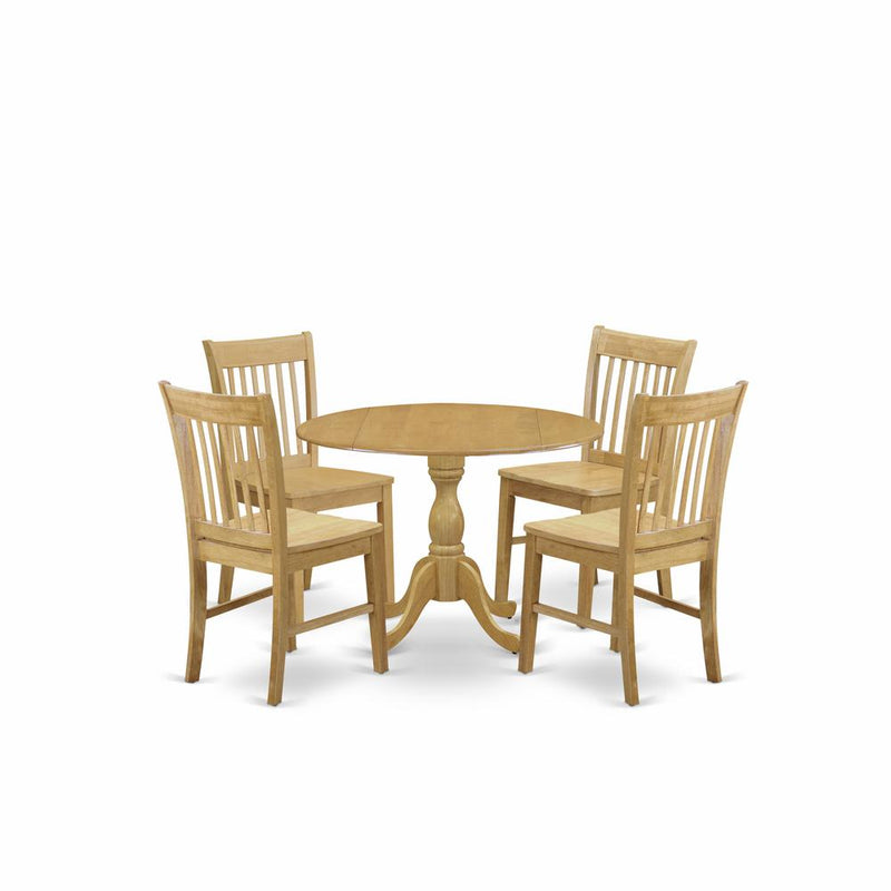 East West Furniture DMNF5-OAK-W 5 Piece Dining Room Set - Oak Mid Century Modern Kitchen Table and 4 Oak Kitchen Chairs with Slatted Back - Oak Finish