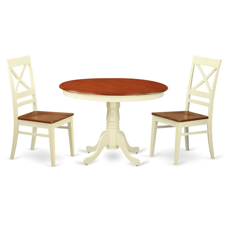 3  Pc  set  with  a  Round  Small  Table  and  2  Leather  Kitchen  Chairs  in  Buttermilk  and  Cherry  .