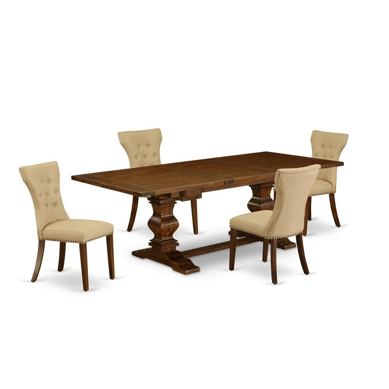 5 Piece Dining Room Table Set Includes a Rectangle Wooden Table with Removable Leaf and 4 Brown Linen Fabric Upholstered Chairs, 42x92 Inch, Walnut