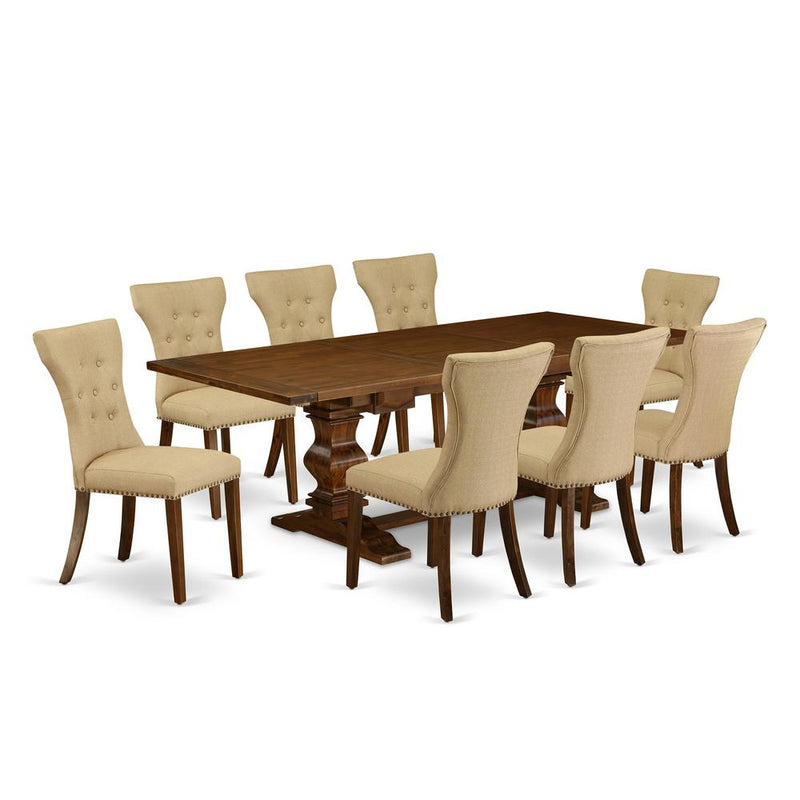 9 Piece Dining Table Set includes a Rectangle Kitchen Table with Removable Leaf and 8 Brown Linen Fabric Parson Dining Chairs, 42x92 Inch, Walnut