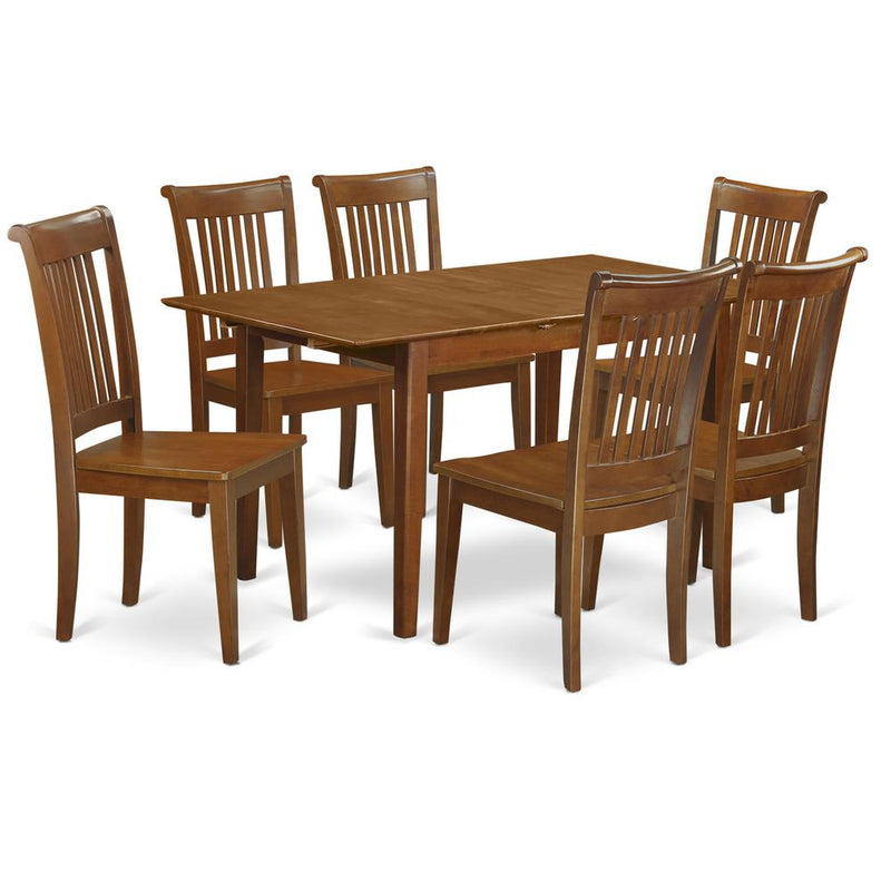 7  Pc  set  Rectangular  Kitchen  Table  having  12"  Leaf  and  6  Wood  Dinette  Chairs  in  Saddle  Brown