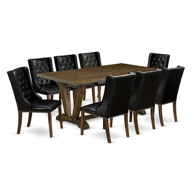 East West Furniture V777FO749-9 9 Pc Dining Room Set - 8 Black Pu Leather Upholstered Chair Button Tufted with Nail heads and Kitchen Table - Distressed Jacobean Finish