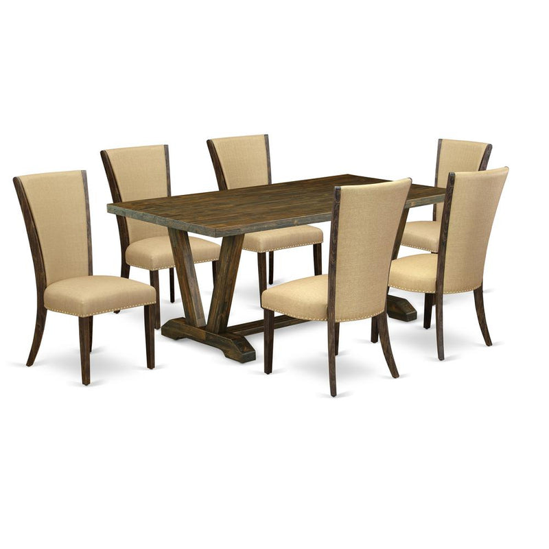 East West Furniture V777VE703-7 7Pc Kitchen Table Set Offers a Dining Table and 6 Parsons Dining Chairs with Brown Color Linen Fabric, Distressed Jacobean Finish