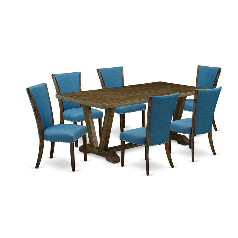 East West Furniture V777VE721-7 7Pc Dining Table Set Contains a Dining Table and 6 Upholstered Dining Chairs with Blue Color Linen Fabric, Distressed Jacobean Finish