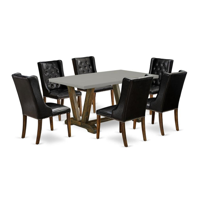 East West Furniture V796FO749-7 7-Pc Dining Room Table Set - 6 Black Pu Leather Dining Chair Button Tufted with Nail heads and Dining Room Table - Distressed Jacobean Finish