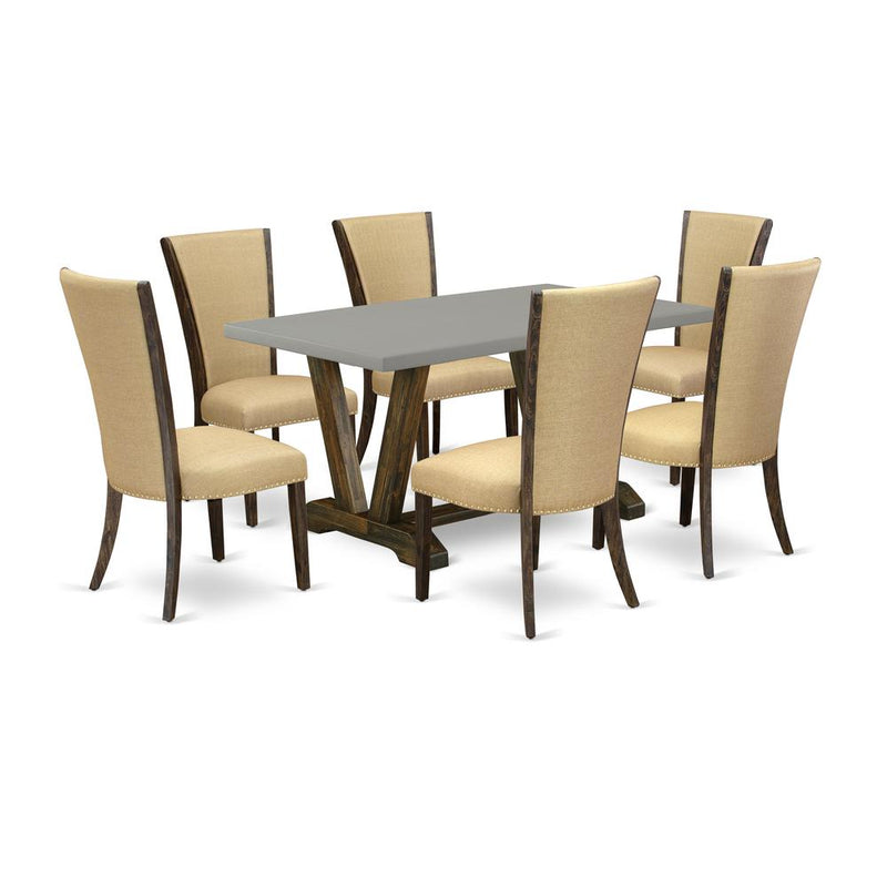 East West Furniture V796VE703-7 7Pc Dinette Sets for Small Spaces Includes a Rectangular Table and 6 Parson Dining Chairs with Brown Color Linen Fabric, Medium Size Table with Full Back Chairs, Distre