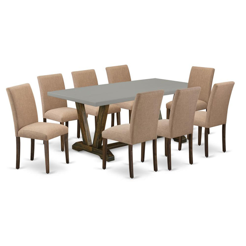 East West Furniture 9-Piece Dining Table Set Includes 8 Dining Room Chairs with Upholstered Seat and High Back and a Rectangular Modern Dining Table - Distressed Jacobean Finish