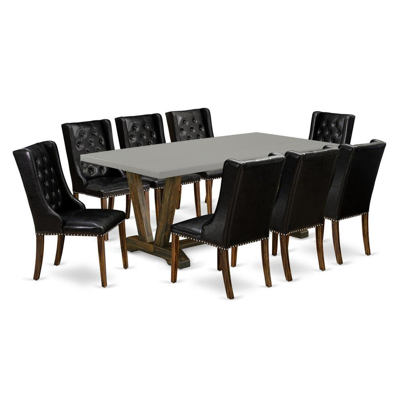 East West Furniture V797FO749-9 9-Piece Dining Room Table Set - 8 Black Pu Leather Dining Room Chairs Button Tufted with Nail heads and Dining Table - Distressed Jacobean Finish