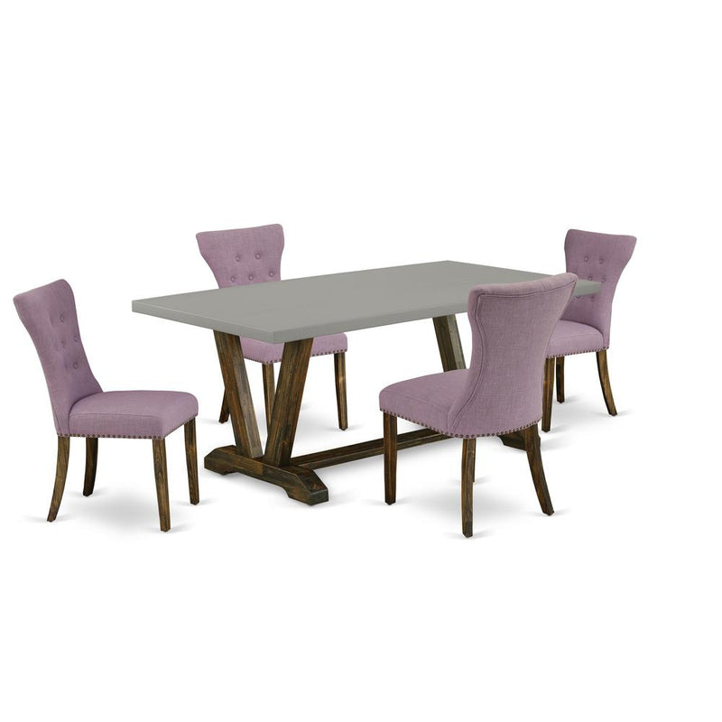 East West Furniture 5-Piece Modern Dining Table Set Included 4 Modern Dining chairs Upholstered Seat and High Button Tufted Chair Back and Rectangular Table with Cement Color dining table Top - Distre