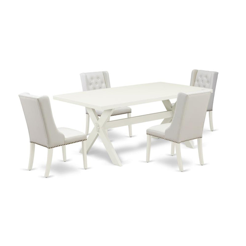 East West Furniture X027FO244-5 5-Pc Dining Set Consists of 4 White Pu Leather Dining Chairs Button Tufted with Nail Heads and Rectangular Dining Table - Linen White Finish