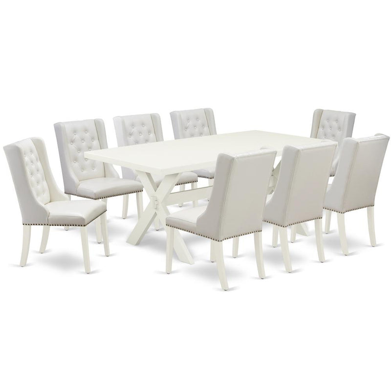 East West Furniture X027FO244-9 9-Piece Kitchen Table Set Consists of 8 White Pu Leather Dining Room Chairs Button Tufted with Nail Heads and Kitchen Table - Linen White Finish