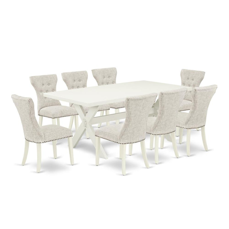 East West Furniture 9-Pc dining room set- 8 Parson Dining Room Chairs with Doeskin Linen Fabric Seat and Button Tufted Chair Back - Rectangular Table Top & Wooden Cross Legs - Linen White and Linen Wh