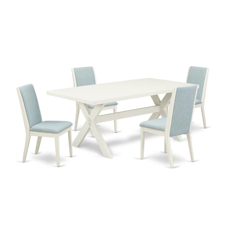 East West Furniture X027LA015-5 5Pc Kitchen Table Set Contains a Dining Room Table and 4 Parsons Chairs with Baby Blue Color Linen Fabric, Medium Size Table with Full Back Chairs, Wirebrushed Linen Wh