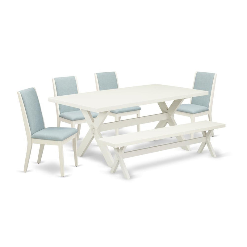 East West Furniture X027LA015-6 6Pc Kitchen Set Offers a Dining Room Table, 4 Parson Chairs with Baby Blue Color Linen Fabric and a Bench, Medium Size Table with Full Back Chairs, Wirebrushed Linen Wh