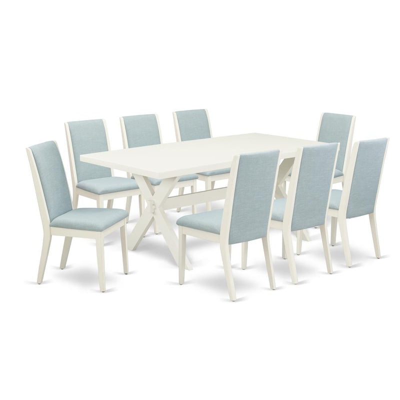 East West Furniture X027LA015-9 9Pc Modern Dining Table Set Consists of a Dinette Table and 8 Parsons Chairs with Baby Blue Color Linen Fabric, Medium Size Table with Full Back Chairs, Wirebrushed Lin