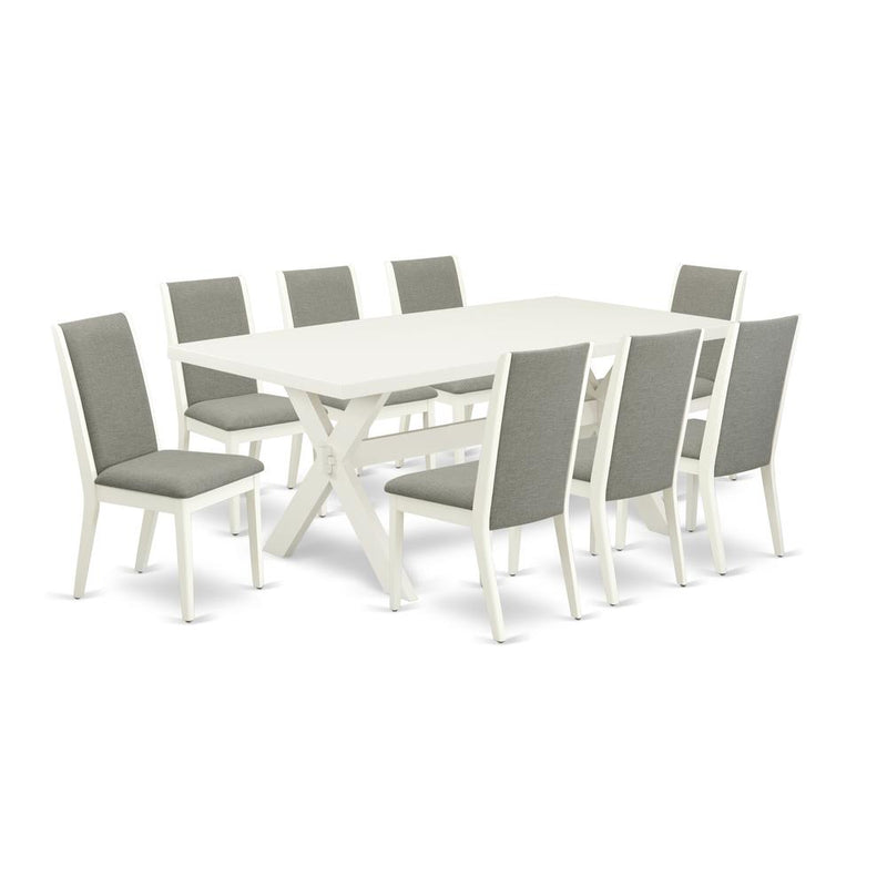 East West Furniture X027LA206-9 9-Piece Amazing Modern Dining Table Set a Good Linen White Dining Room Table Top and 8 Wonderful Solid Wood Legs and Linen Fabric seat dining chairs with Stylish Chair