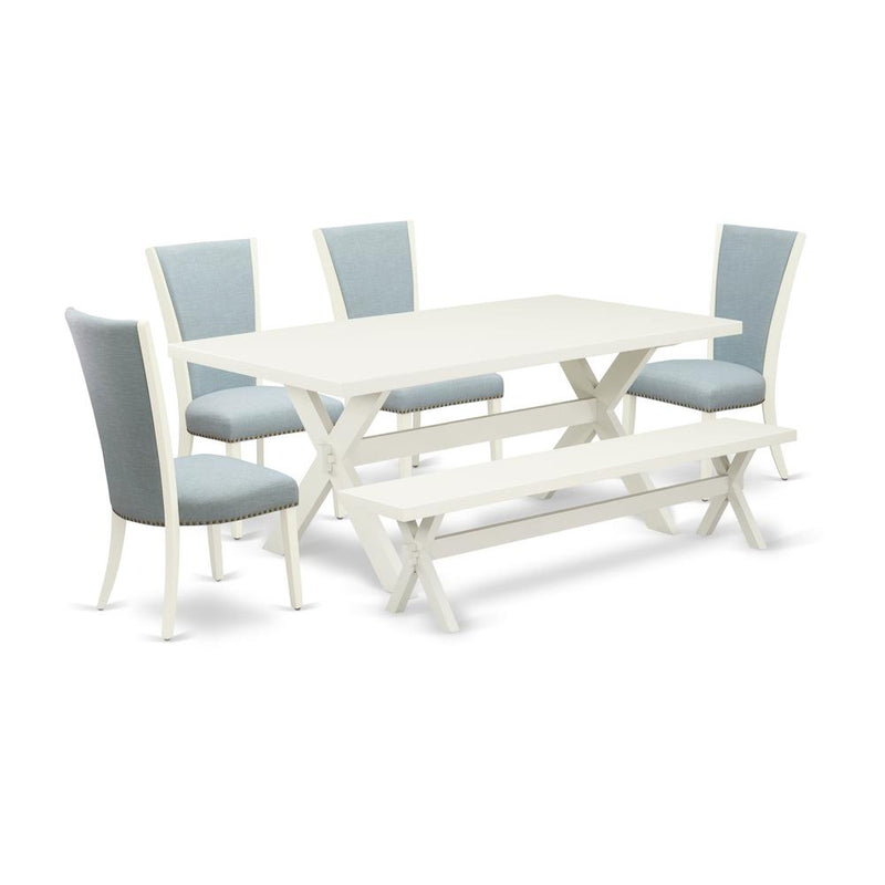 East West Furniture X027VE215-6 6 Piece dining table set - 4 Baby Blue Linen Fabric Dining Chairs with Nailheads and Linen White Dining Table - 1 Modern Bench - Linen White Finish