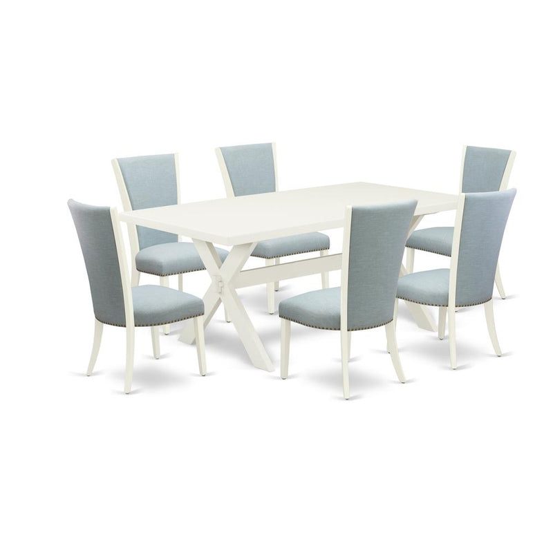 East West Furniture X027VE215-7 7 Piece Table Set - 6 Baby Blue Linen Fabric Upholstered Dining Chairs with Nail Heads and Linen White Wooden Table - Linen White Finish