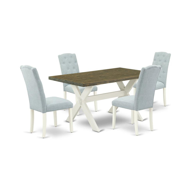 East West Furniture X076CE215-5 5-Pc Dining Table Set- 4 Dining Padded Chairs with Baby Blue Linen Fabric Seat and Button Tufted Chair Back - Rectangular Table Top & Wooden Cross Legs - Distressed Jac