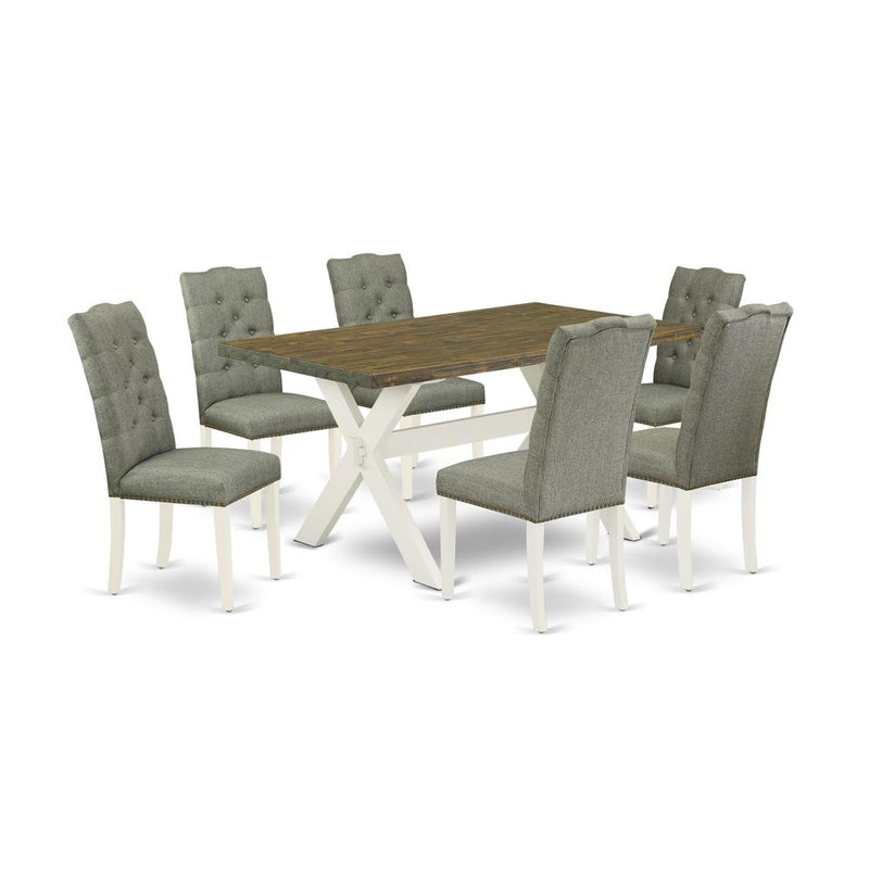 East West Furniture X076EL207-7 7-Piece Modern Dining Table Set- 6 Parson Dining Chairs with Smoke Linen Fabric Seat and Button Tufted Chair Back - Rectangular Table Top & Wooden Cross Legs - Distress