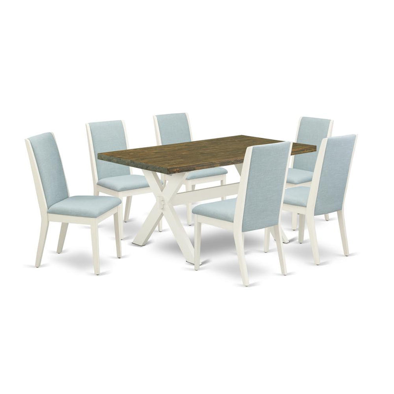 East West Furniture X076LA015-7 7Pc Dining Room Table Set Consists of a Rectangle Table and 6 Upholstered Dining Chairs with Baby Blue Color Linen Fabric, Medium Size Table with Full Back Chairs, Wire