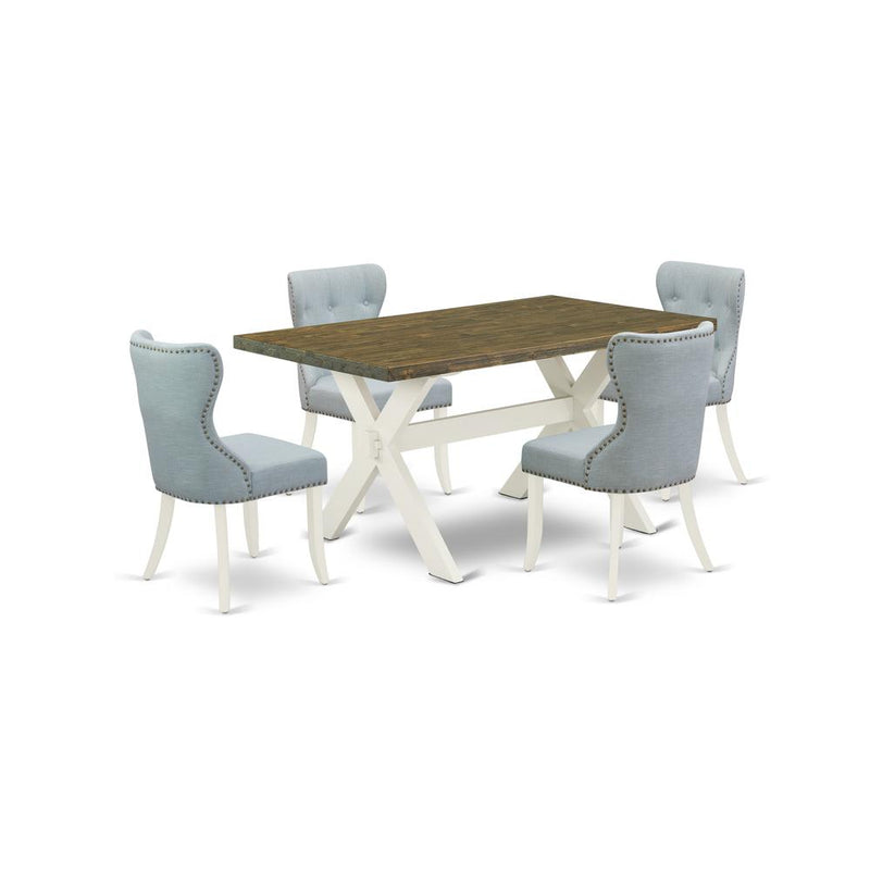 East West Furniture X076SI215-5 5-Piece Modern Dining Table Set- 4 Dining Chair with Baby Blue Linen Fabric Seat and Button Tufted Chair Back - Rectangular Table Top & Wooden Cross Legs - Distressed J