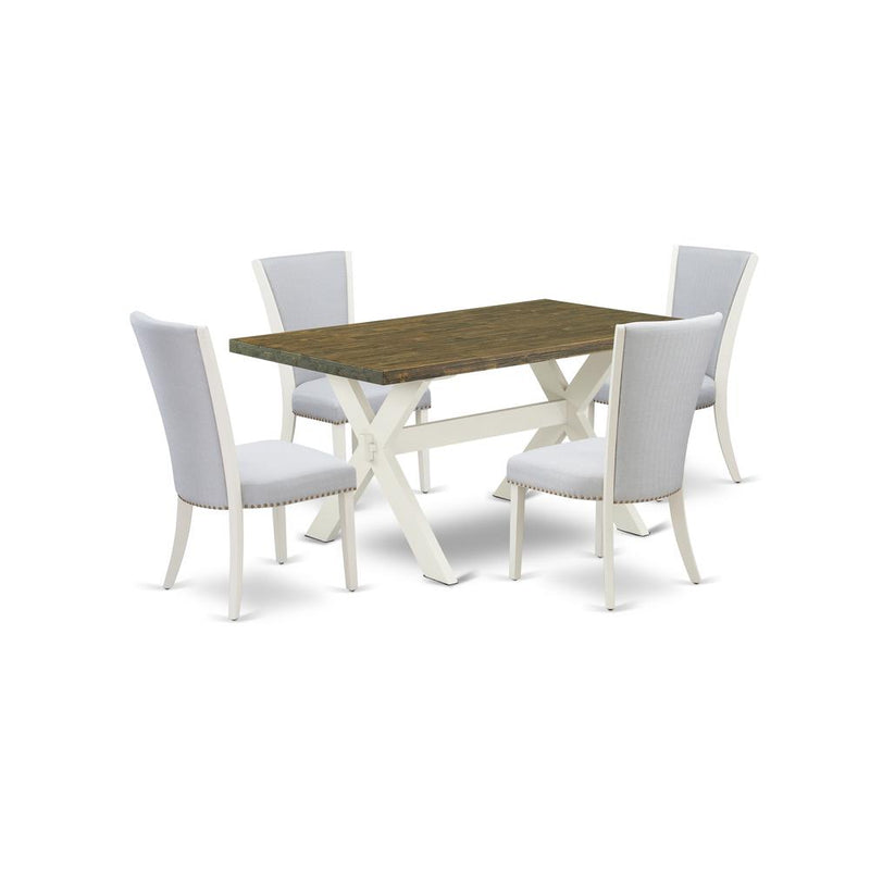 East West Furniture 5-Pc Dinette Set Consists of 4 Mid Century Modern Dining Chairs with Fabric Seat-Rectangular Dining Room Table - Distressed Jacobean and Wirebrushed Linen White Finish