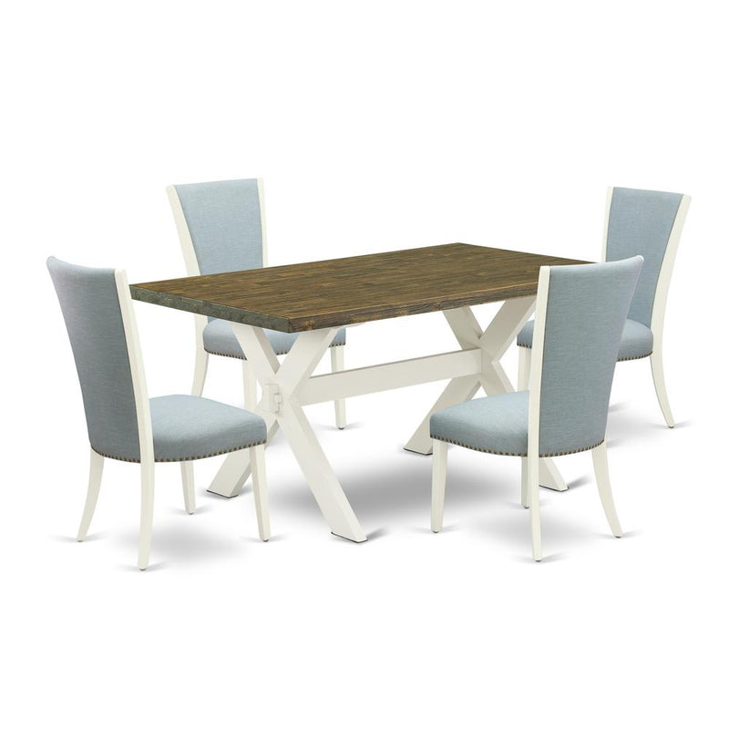 East West Furniture X076VE215-5 5 Piece Dining Table Set - 4 Baby Blue Linen Fabric Upholstered Chair with Nailheads and Distressed Jacobean Wood Dining Table - Linen White Finish