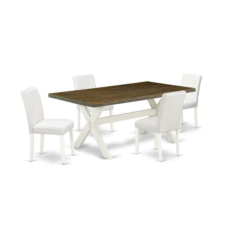 East West Furniture X077AB264-5 5-Piece Modern kitchen table set a Superb Distressed Jacobean Kitchen Table Top and 4 Lovely Pu Leather Parson Dining Chairs with Stylish Chair Back, Linen White Finish