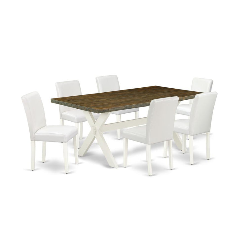 East West Furniture X077AB264-7 7-Piece Amazing a Great Distressed Jacobean rectangular Table Top and 6 Excellent Pu Leather Dining Room Chairs with Stylish Chair Back, Linen White Finish