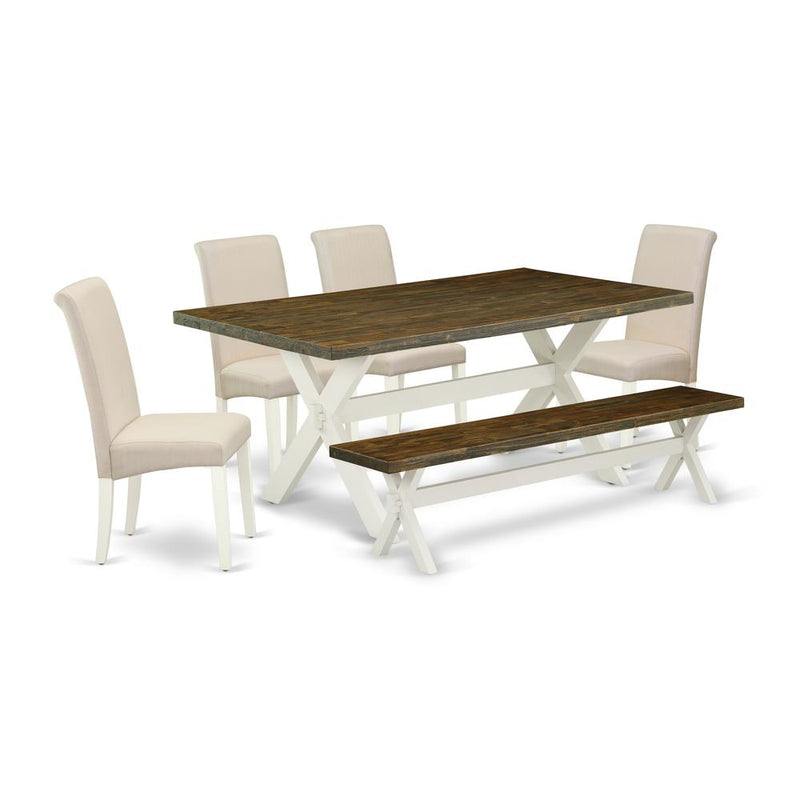 East West Furniture X077BA201-6 6-Pc Dining Room Set - 4 Kitchen Chairs, a Small Bench Distressed Jacobean Top and 1 Modern Distressed Jacobean Kitchen Table Top - Linen White Finish