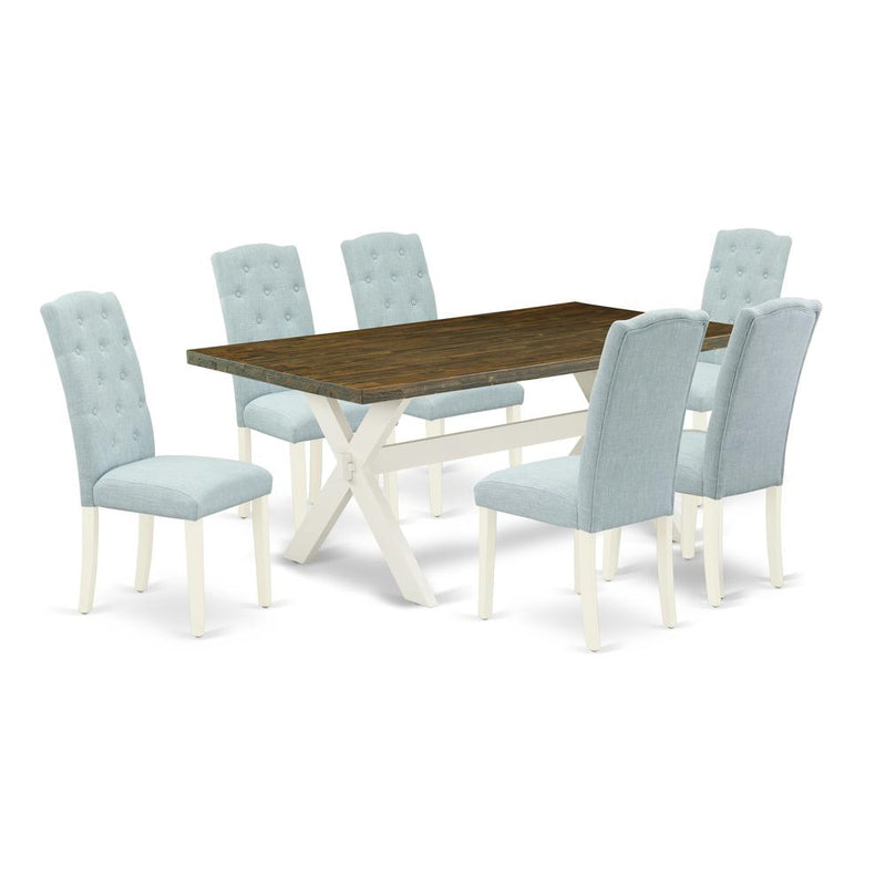 East West Furniture X077CE215-7 7-Pc Dining Table Set- 6 Dining Padded Chairs with Baby Blue Linen Fabric Seat and Button Tufted Chair Back - Rectangular Table Top & Wooden Cross Legs - Distressed Jac